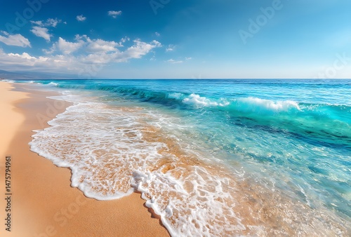 A beautiful yellow sand beach with a blue water and sky background