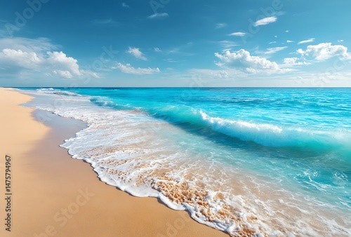 A beautiful yellow sand beach with a blue water and sky background