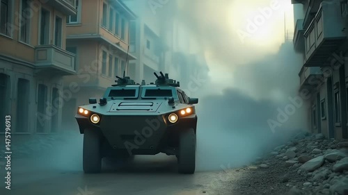 A military vehicle in urban war zone