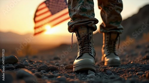 Military boots on the ground with American flag background