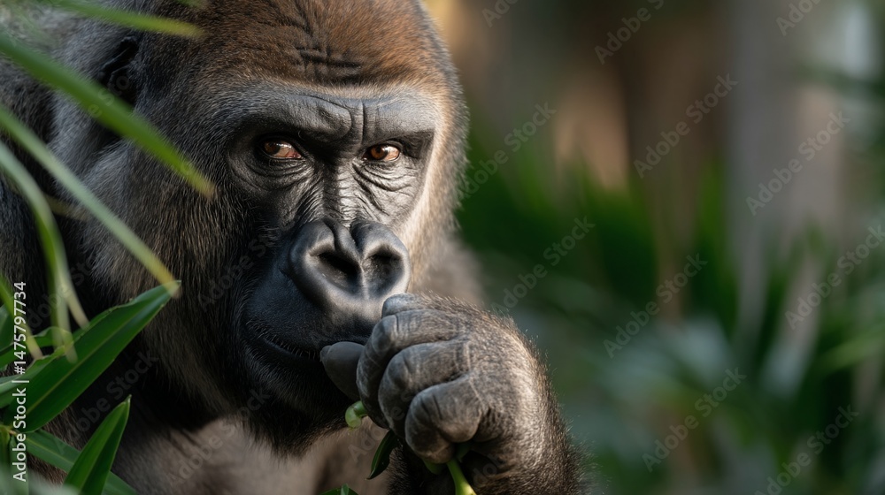Fototapeta premium Close-up of a gorilla eating leaves in jungle