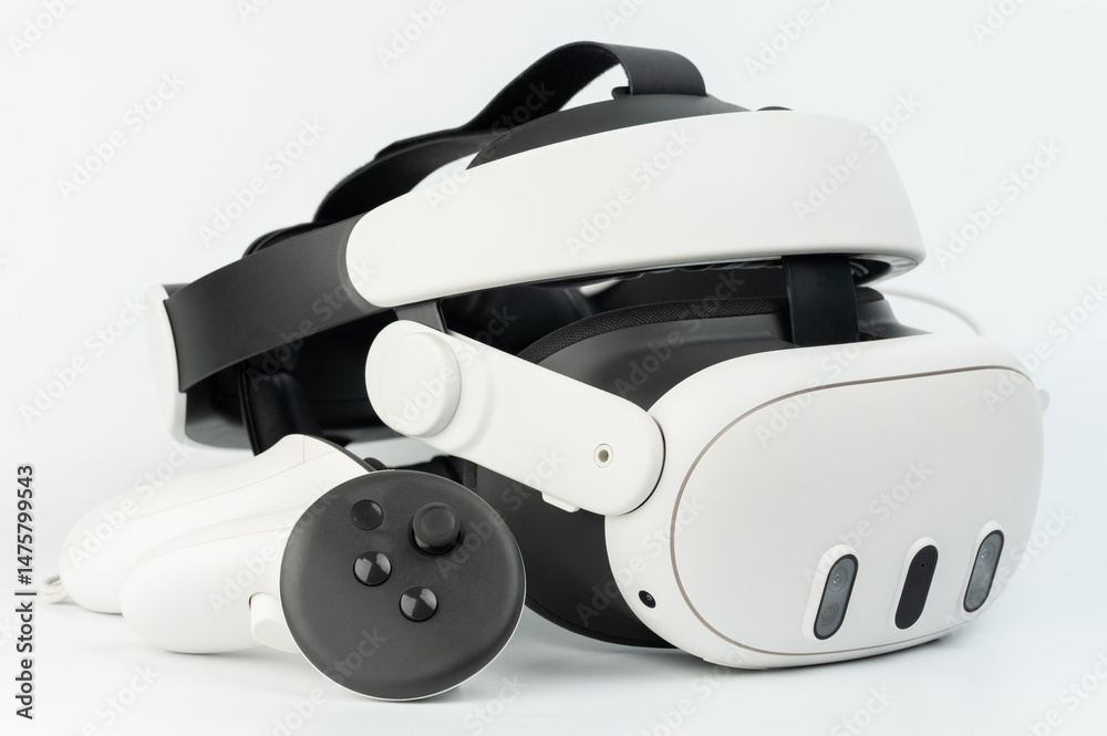 Modern VR headset and controller showcasing advanced technology on clean surface