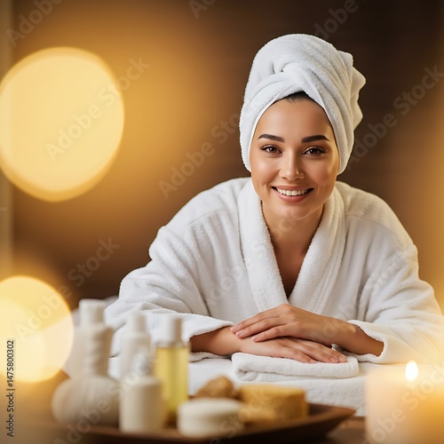 Smiling woman in robe with spa products and candle on table