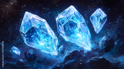 Glowing ice crystals float in deep space, near a dark asteroid. perfect for fantasy, sci-fi, or cold themes; evokes mystery and wonder. [Gravity Shrines] | Statis Grotto | frozen float. Illustration