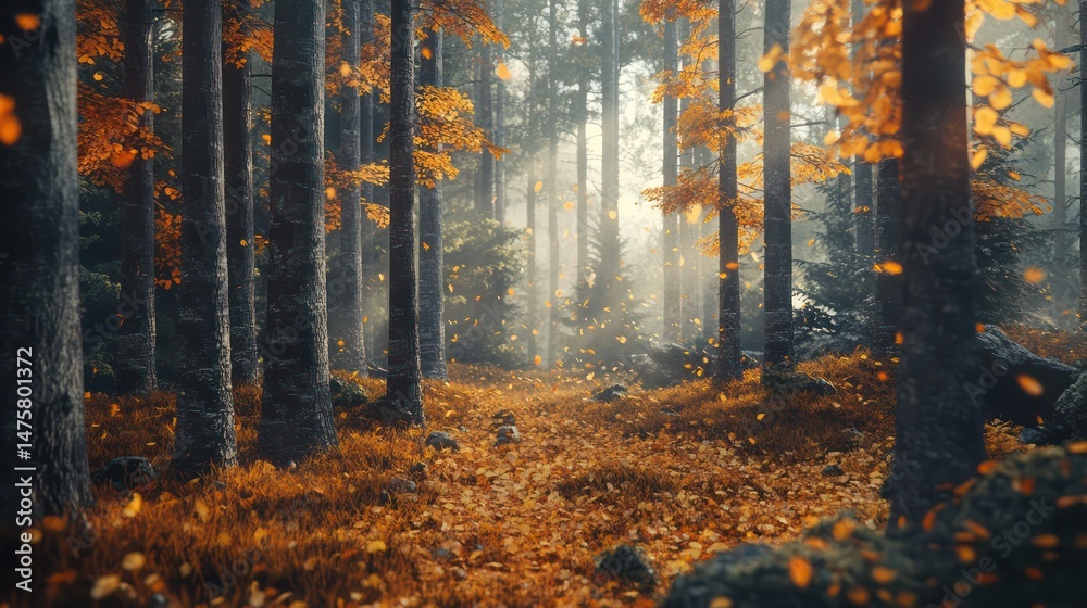 Fototapeta premium Autumnal forest scene with sunlight