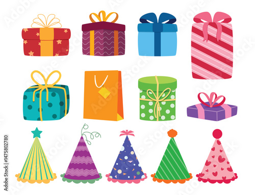 Gift box birthday colorful elements clipart set. Birthday gift box and party hat drawing clip art collection with colorful decoration in white background vector illustration. 
