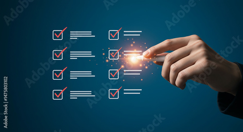 A hand selecting a checklist item with a glowing effect on a blue background with red checkmarks