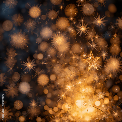 Glittering stars on a bokeh background with sparks from bonfire night.