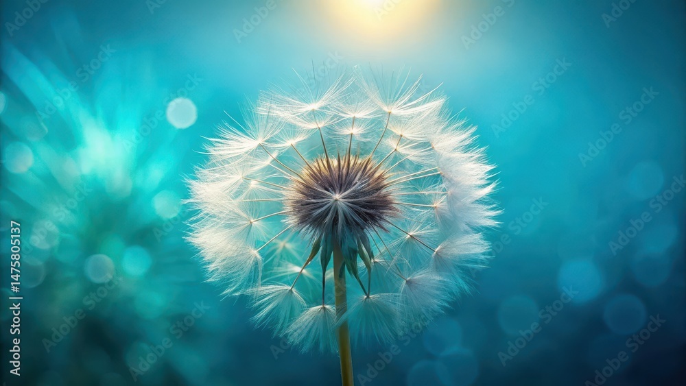 Obraz premium Delicate dandelion goatbeard on turquoise blue background with soft sunlight, showing delicate feathery texture, turquoise