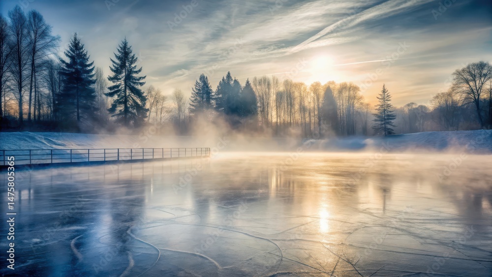 Fototapeta premium Atmospheric ice rink with dense fog and misty smoke enveloping it in a serene winter scene, frozen landscape