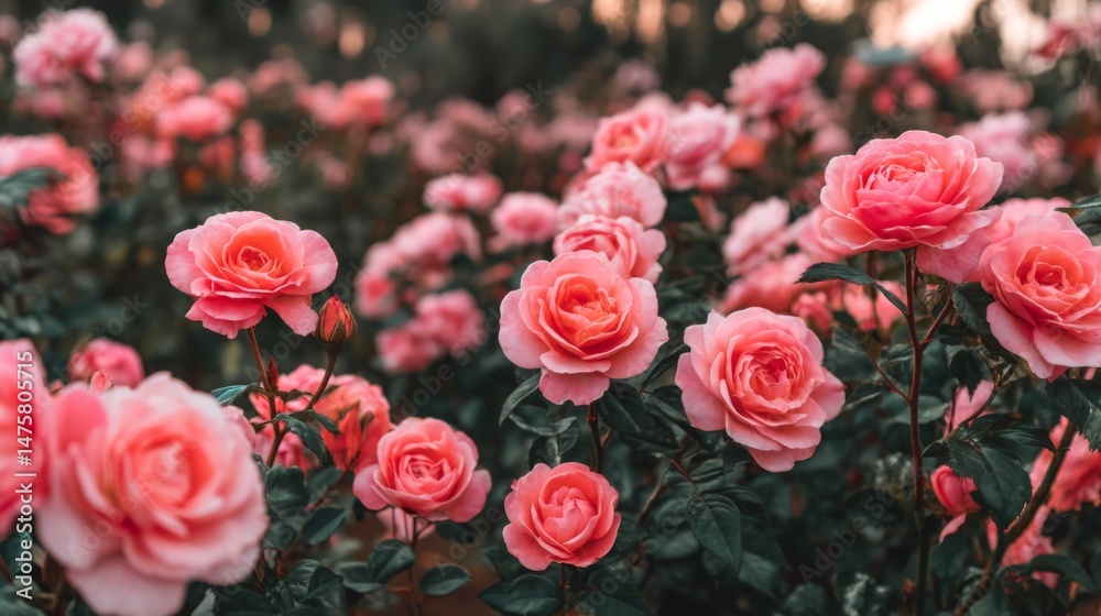 Fototapeta premium Beautiful Pink Roses Blooming in a Garden Surrounded by Green Foliage Under Soft Evening Light