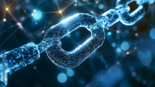 Digital chain link interwoven with intricate network.