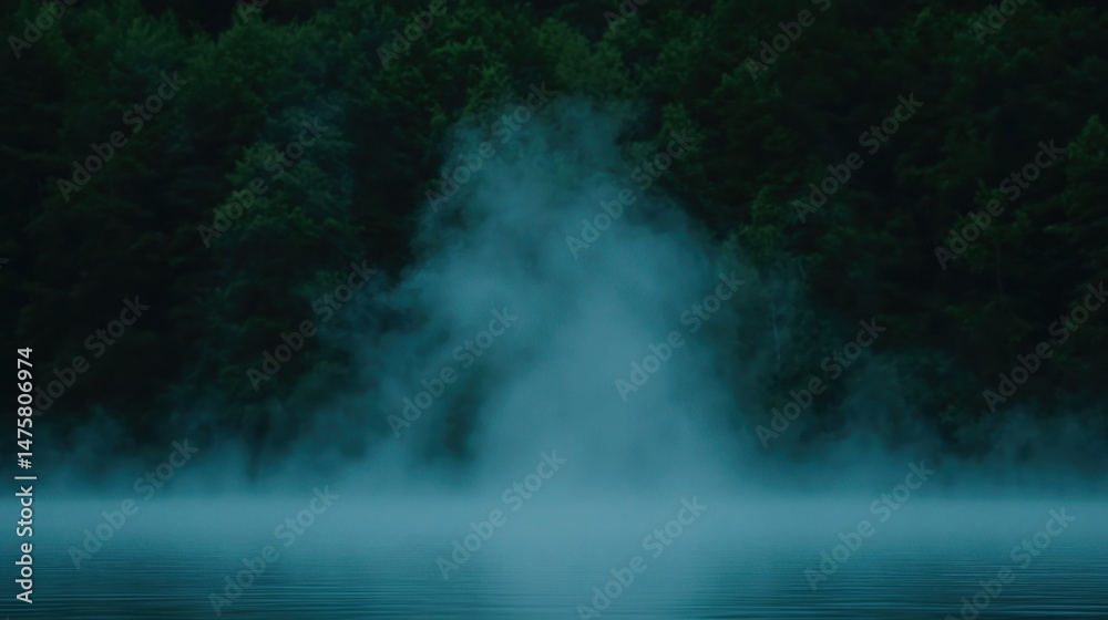 custom made wallpaper toronto digitalMist rises from a calm lake surrounded by dense, dark green forest, creating a mysterious and tranquil atmosphere.