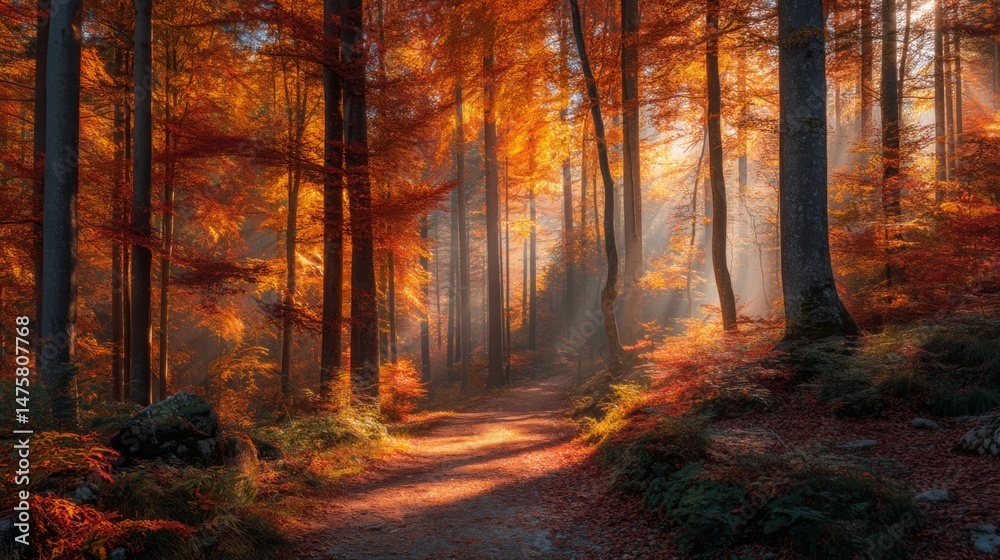 Obraz premium Majestic Autumn Forest Pathway Surrounded by Vibrant Orange and Red Leaves Illuminated by Soft Sunlight
