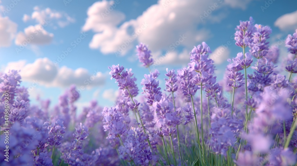 Obraz premium Lush Blooming Lavender Fields Beneath a Bright Sky with Fluffy Clouds on a Peaceful Day in Nature