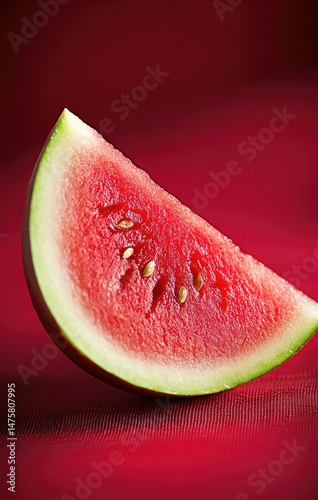A vibrant red watermelon slice, juicy and refreshing, rests on a deep red background.  The seeds are visible, and the rind is crisp