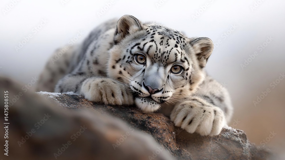 Obraz premium Mesmerizing gaze of a snow leopard resting majestically on rocky terrain