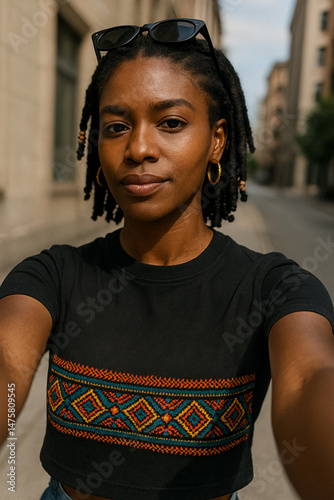 Haitian woman taking a selfie on a city street