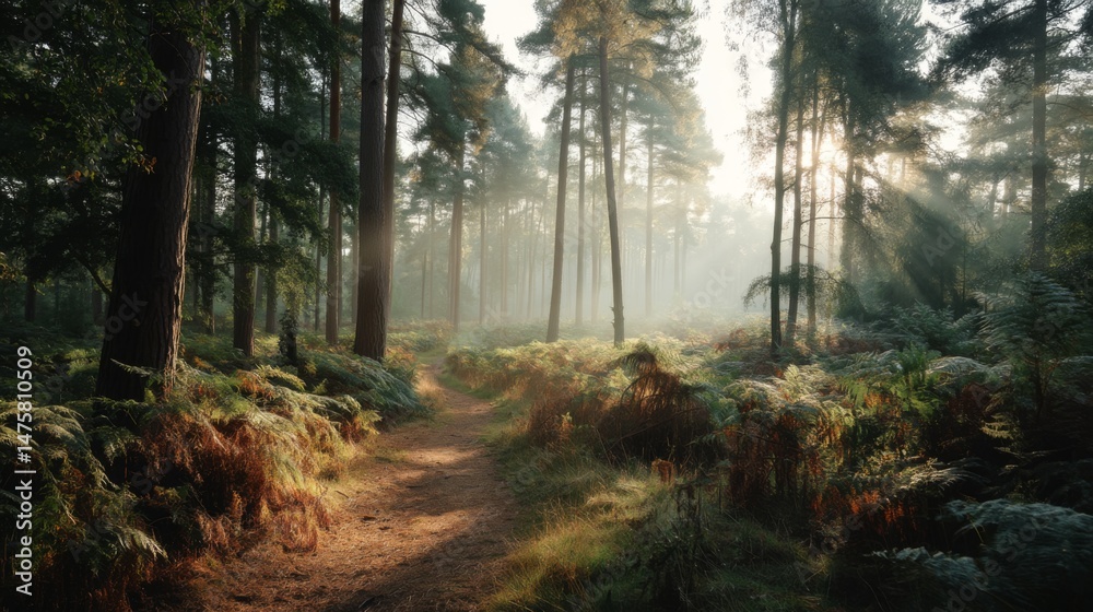 Obraz premium Serene Forest Pathway with Sunlight Filtering Through Trees and Lush Green Ferns in Tranquil Nature Setting