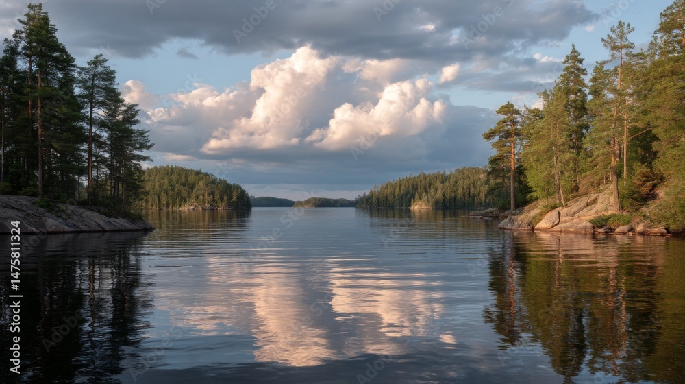 Naklejka premium Tranquil Reflection of Clouds and Pines in Serene Lake Beneath a Blue Sky at Dusk