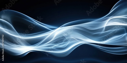 Abstract white and blue waves of light create dynamic flowing motion on dark background. Futuristic texture design concept for technology visuals.