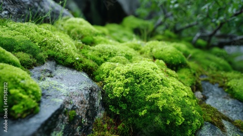 Lush Green Moss Covering Rocks in a Vibrant Forest Environment with Soft Natural Light and Detailed Texture