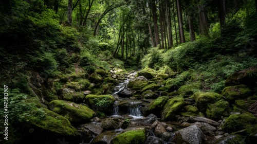 Tranquil Forest Stream Flowing Through Lush Greenery Surrounded by Mossy Rocks and Tall Trees in a Peaceful Environment
