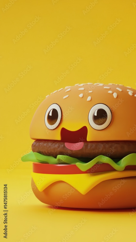 Cheerful, cartoonish hamburger illustration on yellow backdrop. Cheerful, cartoonish hamburger illustration on yellow backdrop.