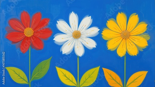 Colorful Illustration of Three Distinct Flowers on a Bright Blue Background Displaying Vibrant Nature