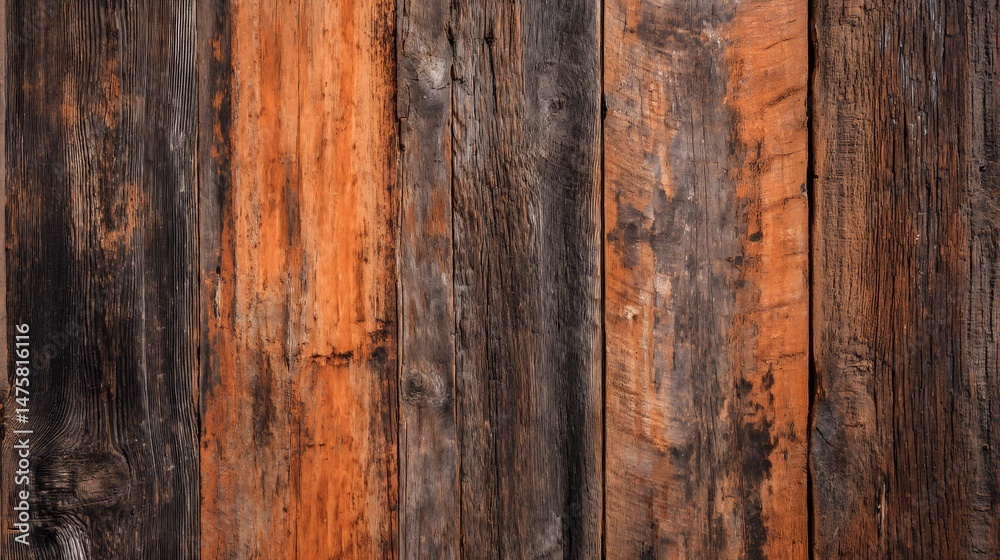 Naklejka premium Vertical wooden planks weathered appearance combining rich brown orange tones the textures and grain of the wood showcasing natural aging and rustic charm cut out on isolated transparent background