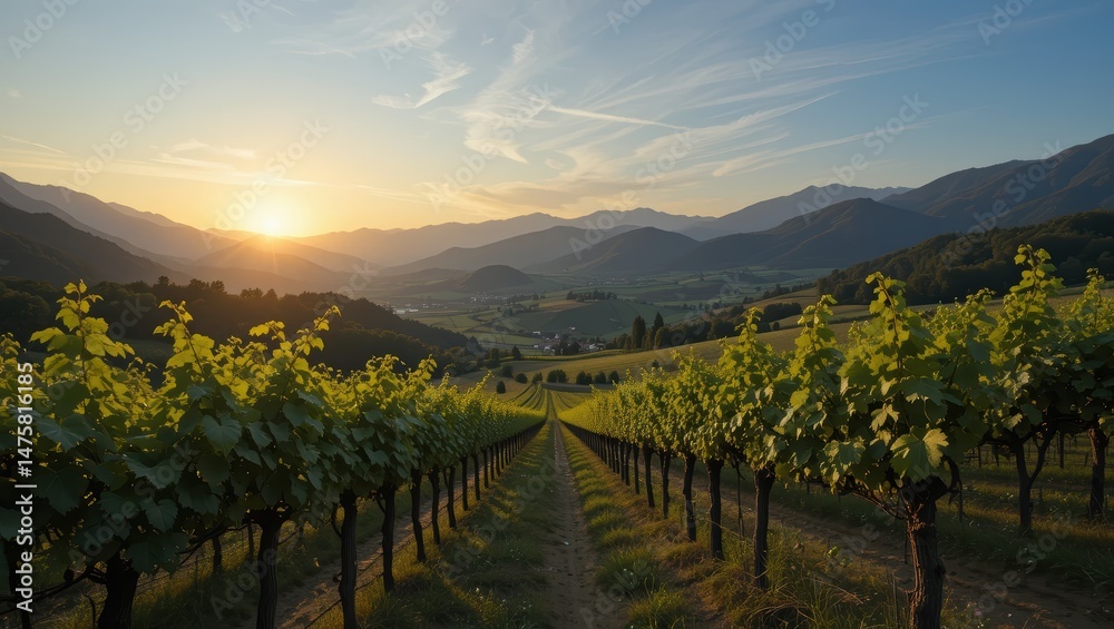 Naklejka premium Lush Vineyard Under a Scenic Sunset with Rolling Mountains and Verdant Fields in a Peaceful Valley