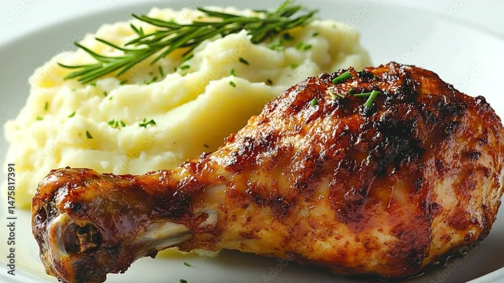 Roasted Chicken Drumstick and Mashed Potatoes: A close-up view captures the inviting appeal of a succulent roasted chicken drumstick paired with creamy mashed potatoes.