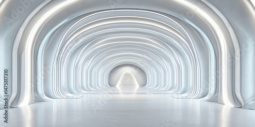 Futuristic white architecture interior hall with curved arches modern minimal space design clean abstract empty light symmetry.