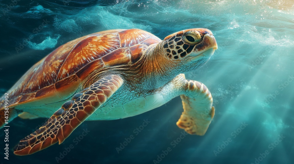 Fototapeta premium Graceful sea turtle swimming through clear blue ocean waters with sunlight filtering from above.