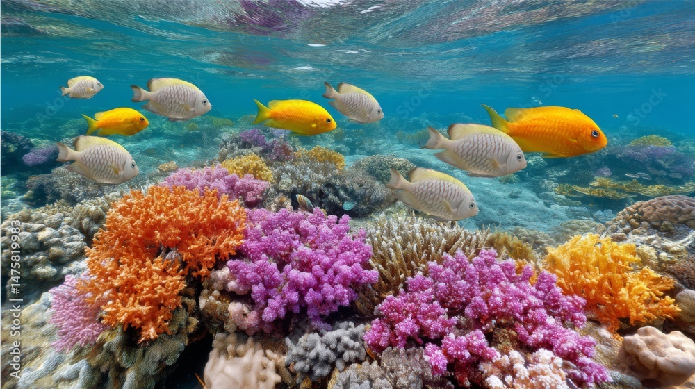 Fototapeta premium Colorful Coral Reef Underwater Landscape with Various Fish Swimming among Vibrant Coral Formation in Clear Tropical Waters