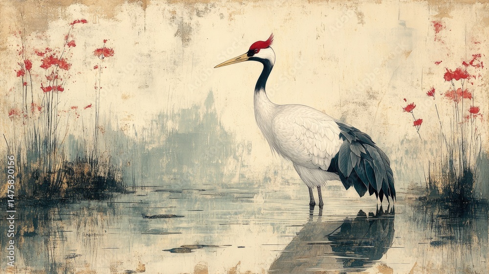 Naklejka premium Crane in a misty marsh. Vintage style