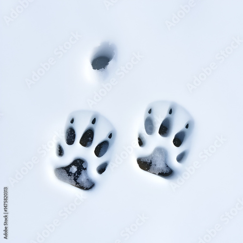 Paw prints of predatory wolverine on the melting wet spring snow cover. photo