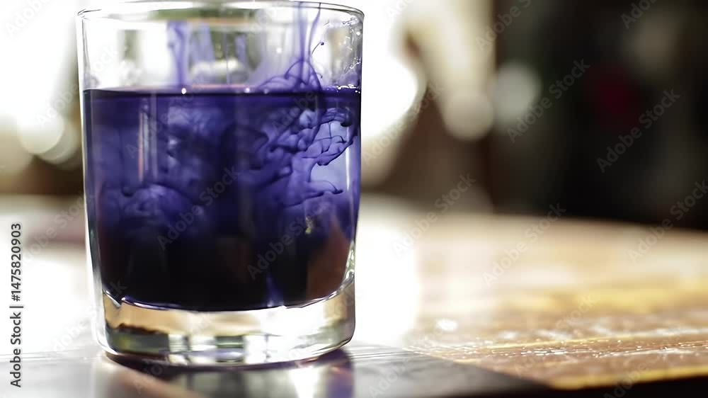 Purple Ink Dissolving in Glass of Water on Wooden Table with Blurred Background Purple Ink Dissolving in Glass of Water on Wooden Table with Blurred Background