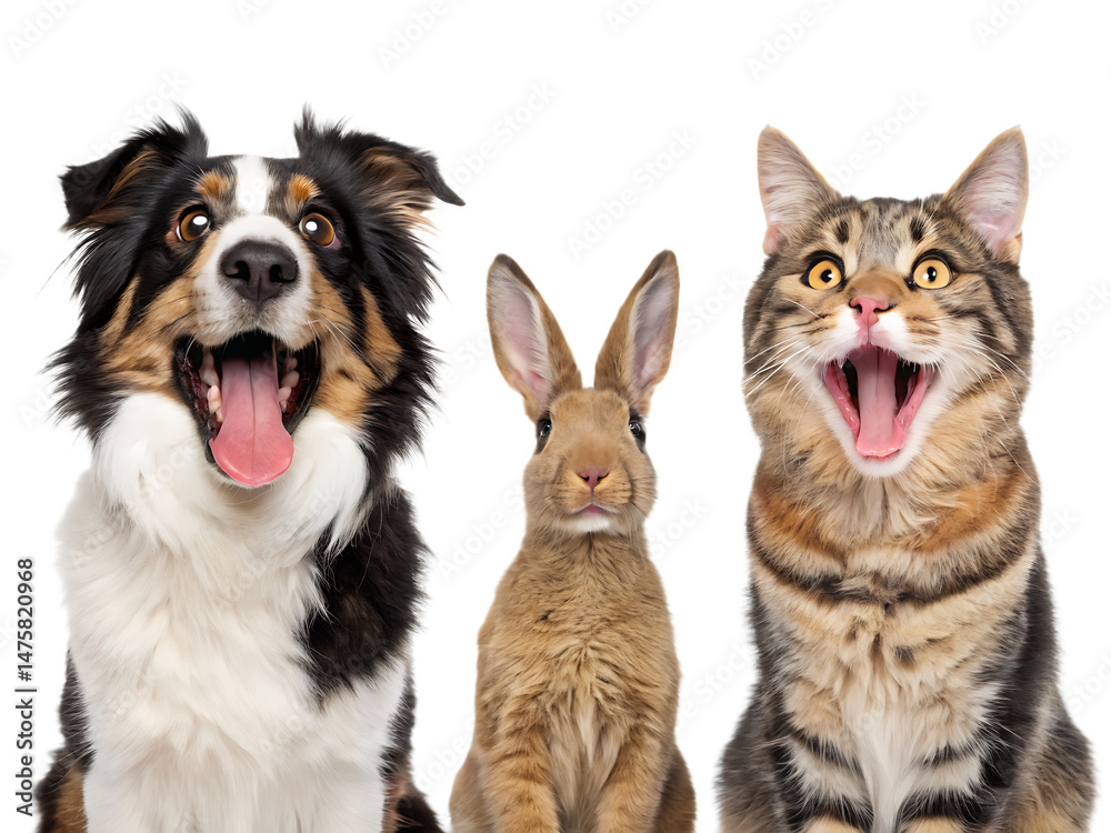 Fototapeta premium A dog cat and rabbit posing together with their mouths open against a isolated on transparent background, Generative ai.