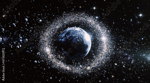 Fototapeta Naklejka Na Ścianę i Meble -  Earth enveloped by a dense ring of space debris, amidst stars and asteroids