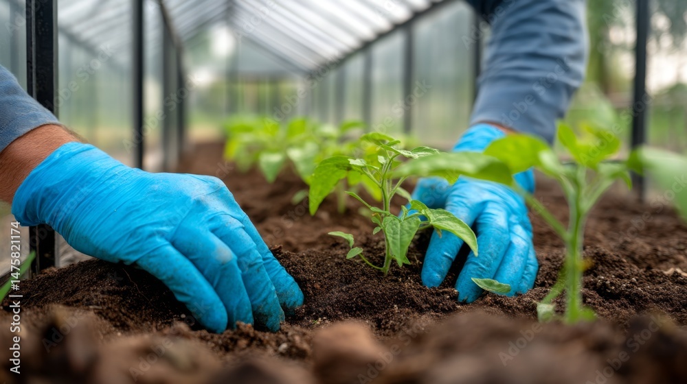 Naklejka premium Hands in Blue Gloves Planting Seedlings in a Greenhouse with Rich Soil and Healthy Growth Environment for Sustainable Gardening