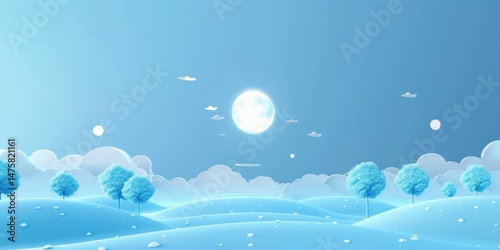 High detail 3D wallpaper shows blue gradient sky with moon clouds trees on hills art in high resolution and sharpness on a white background.