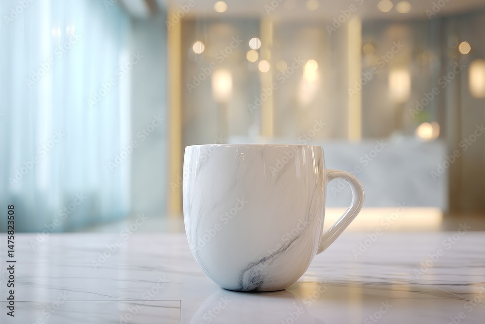 Fototapeta premium Elegant white ceramic mug on a marble surface.