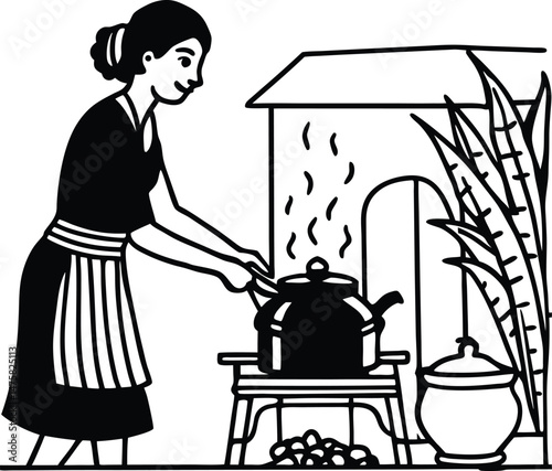 An early morning scene in a rural South Asian kitchen with a woman lighting the clay stove with straw and dried leaves. Steam is rising from a kettle