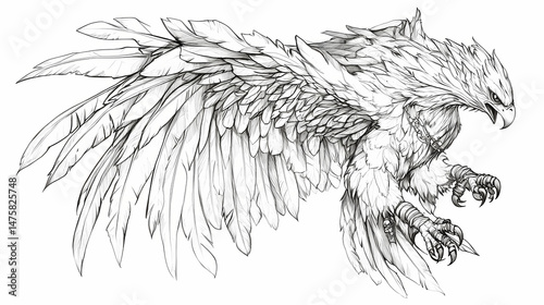 Line art. [Cursed Menagerie] | Ironplume Aerie | steel feather. Illustration