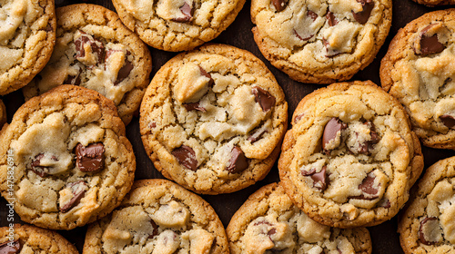 Close-up of several chocolate chip cookies with a golden-brown, gooey texture.