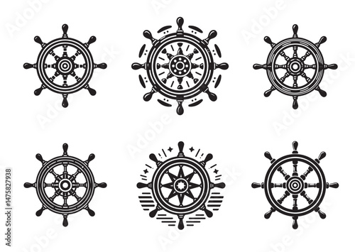 Steering Wheel Icon Set, Ship Steering Wheel Silhouette Vector