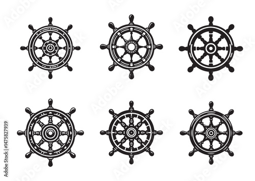 Steering Wheel Icon Set, Ship Steering Wheel Silhouette Vector