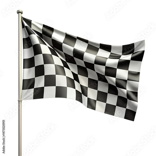 Illustrate a dynamic, waving checkered flag against a white background.
