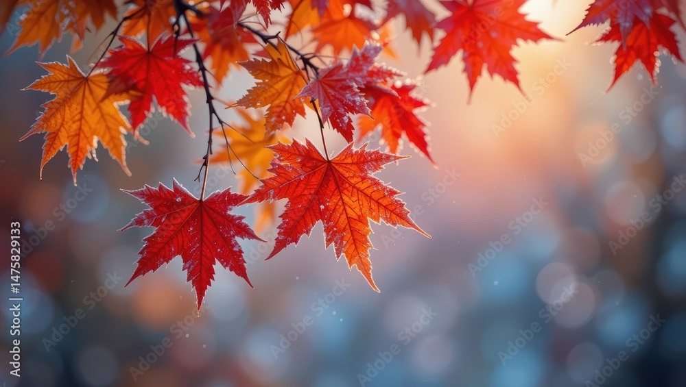Vibrant Autumn Leaves in Vivid Red and Orange Hues with Soft Bokeh Background in Nature Vibrant Autumn Leaves in Vivid Red and Orange Hues with Soft Bokeh Background in Nature